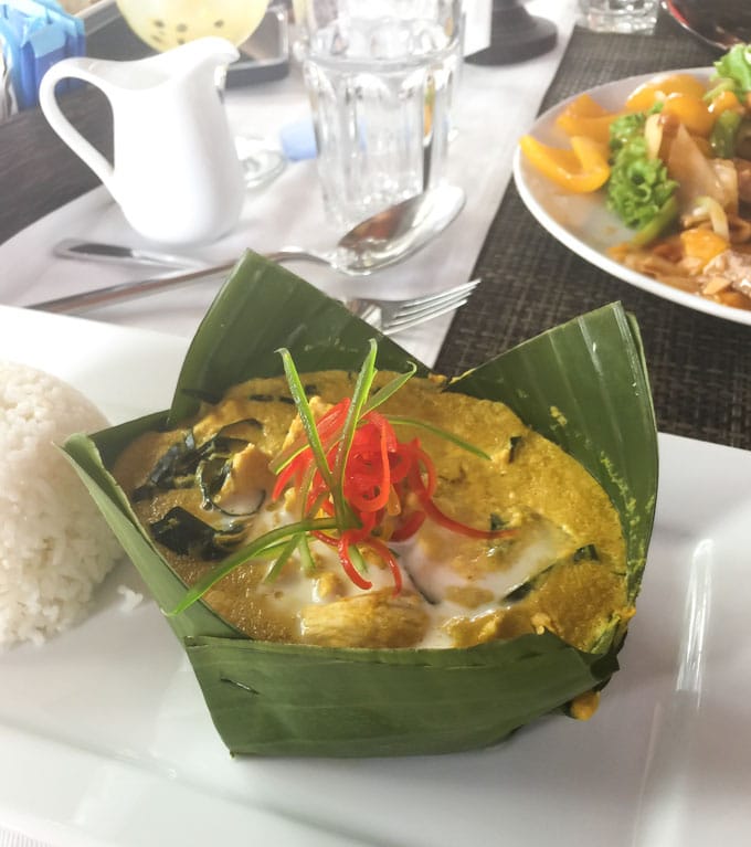 Cambodian Chicken Amok served in a banana leaf at the Yellow Mango restaurant in Siem Reap.