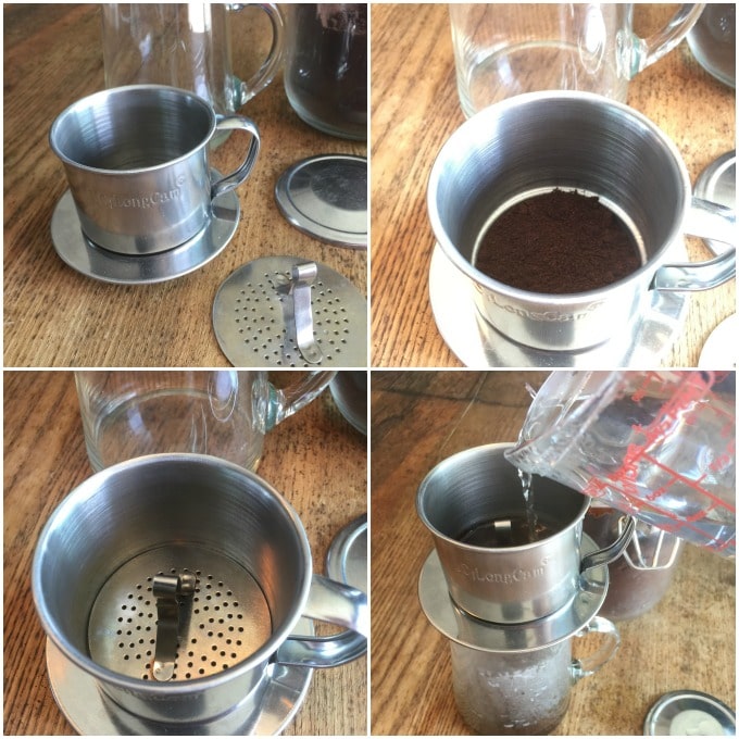 Here are the steps to make Vietnamese coffee in a phin. Add the coffee to the phin, drop in the press and pour boiling water and the coffee drips into a container underneath. | ethnicspoon.com