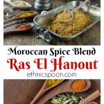 Grind up your own homemade Moroccan Ras El Hanout. This spice blend can be up to 100 spices and can vary by the spice maker. Use a spice grinder or coffee grinder dedicated to grinding spices to make this Moroccan spice blend. If you want to go old school you can use a mortar and pestle. You can sprinkle this on chicken, kebabs, lamb, add it to your tagine dish or slow cooker. Try some in soups and stews too. The flavors are amazing. #moroccanspice #raselhanout #spiceblend #spice #moroccanfood #grillspice #kebab #tagine | ethnicspoon.com