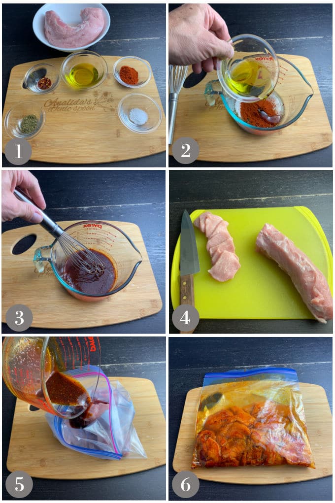 A collage of photos showing the ingredients and steps to make Spanish style grilled pork.