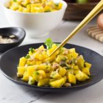 Vietnamese mango salad: A simple salad consisting of diced mango, rice vinegar, shallots, cilantro, fish sauce, peanuts, lime juice and palm sugar. The flavors in this salad have a balance of sweet, tart, bitter and salty. The chopped peanuts give it a nice crunch! | ethnicspoon.com