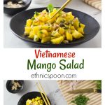Vietnamese mango salad: A simple salad consisting of diced mango, rice vinegar, shallots, cilantro, fish sauce, peanuts, lime juice and palm sugar. The flavors in this salad have a balance of sweet, tart, bitter and salty. The chopped peanuts give it a nice crunch! #vietnamese #mangosalad #healthyrecipe #salad #fruitsalad #asiansalad | ethnicspoon.com