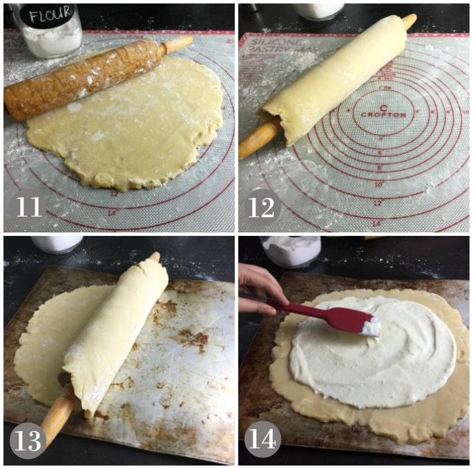 A collage of dough being rolled out and transferred to baking sheet and then cheese filling spread on top.