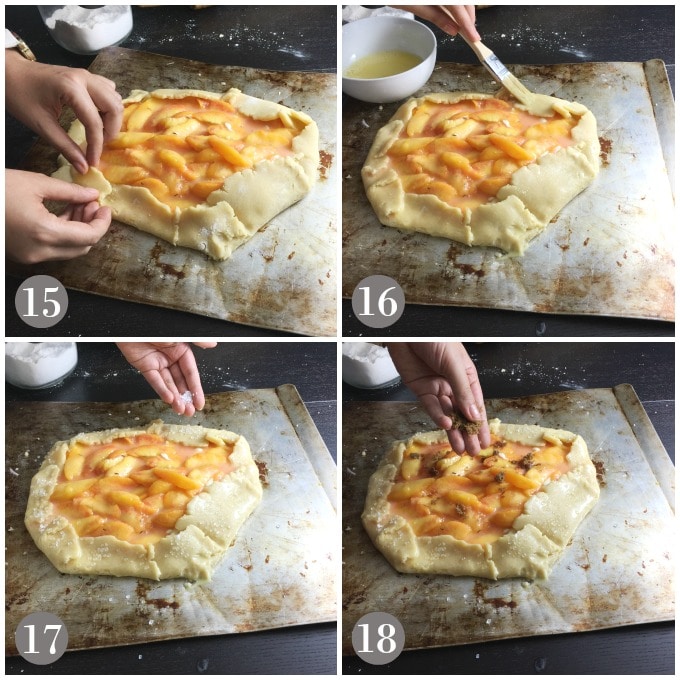 A collage of peach filling added to crostata dough and then crimped along the edges.