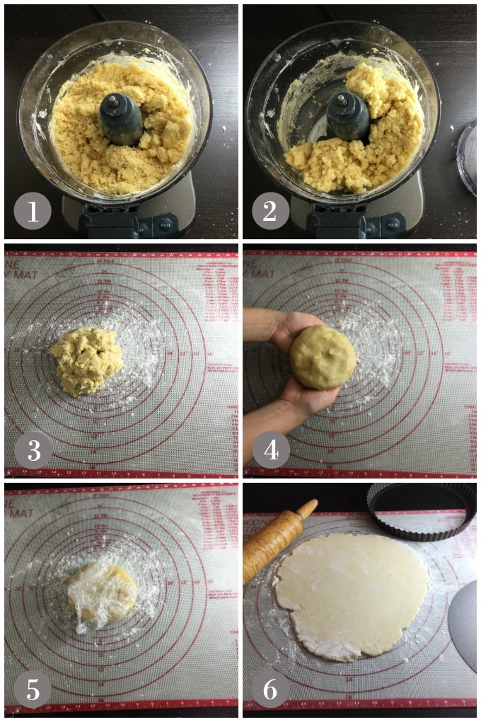 Collage of photos making tart dough in food processor and rolling out.