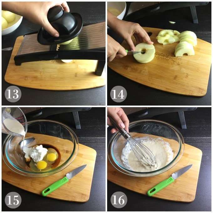 Collage of photos while sliced apples and custard being whisked.