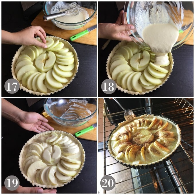 Collage of photos with apple placed in tarte pan and custard being poured over.