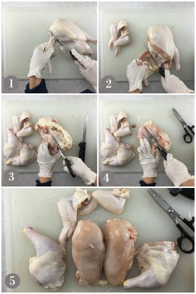 Collage of photos showing steps to cut a whole roaster chicken into pieces for cooking.