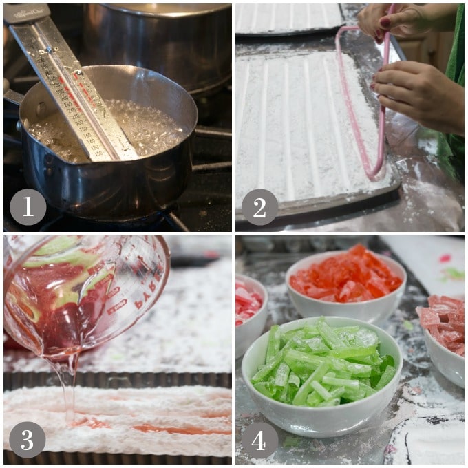 A collage of photos showing how to make old fashioned candy made on a stove with flavored oils.