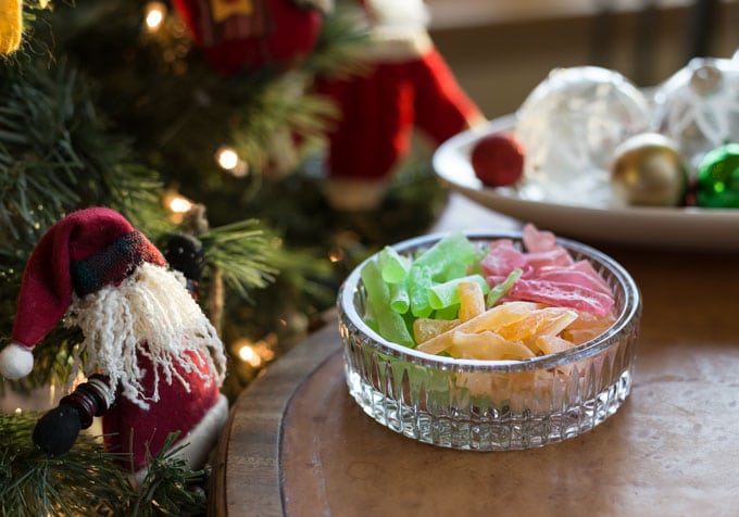 Old fashioned home made hard Christmas candy in a glass dish.