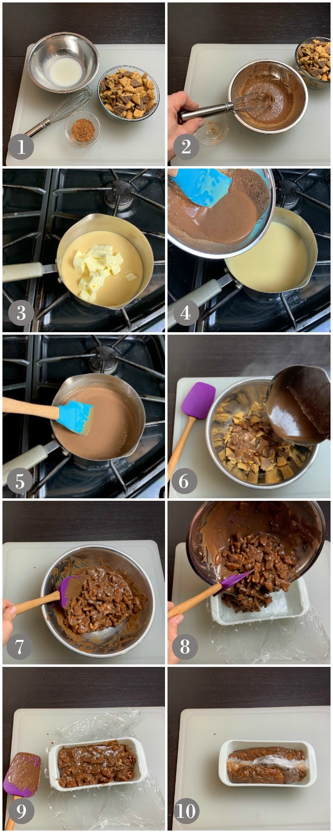 Collage of photos showing a bowl of crumbled digestive cookies and other ingredients to make tinginys cookies.