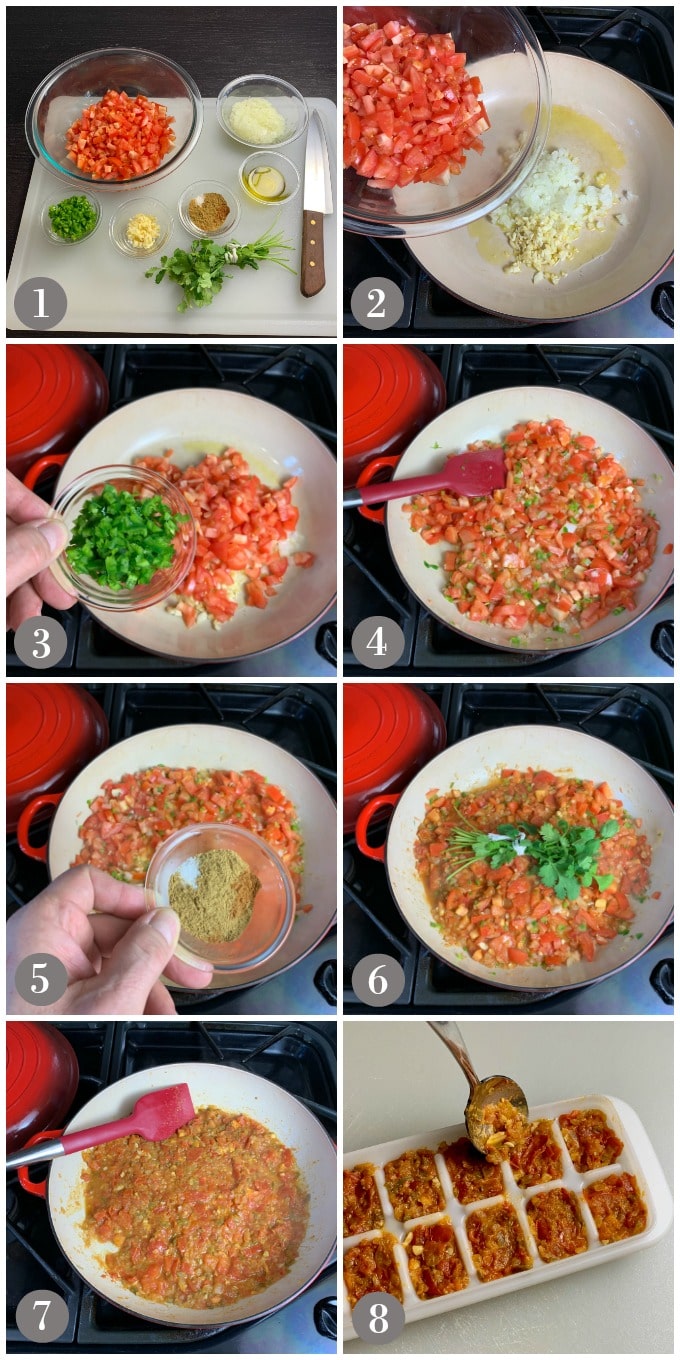 Collage of photos showing ingredients to make sofrito in a pan on the stove.
