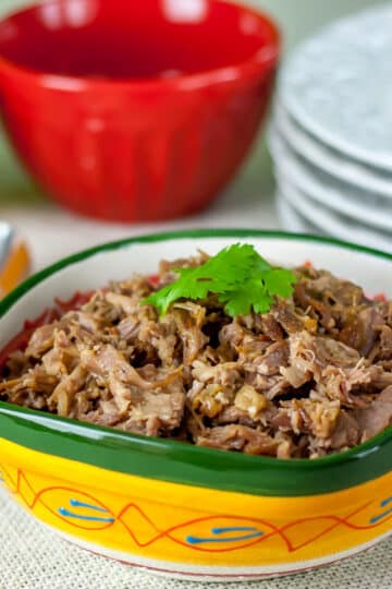 A photo of Puerto Rican slow roasted pork called pernil in a painted ceramic bowl.