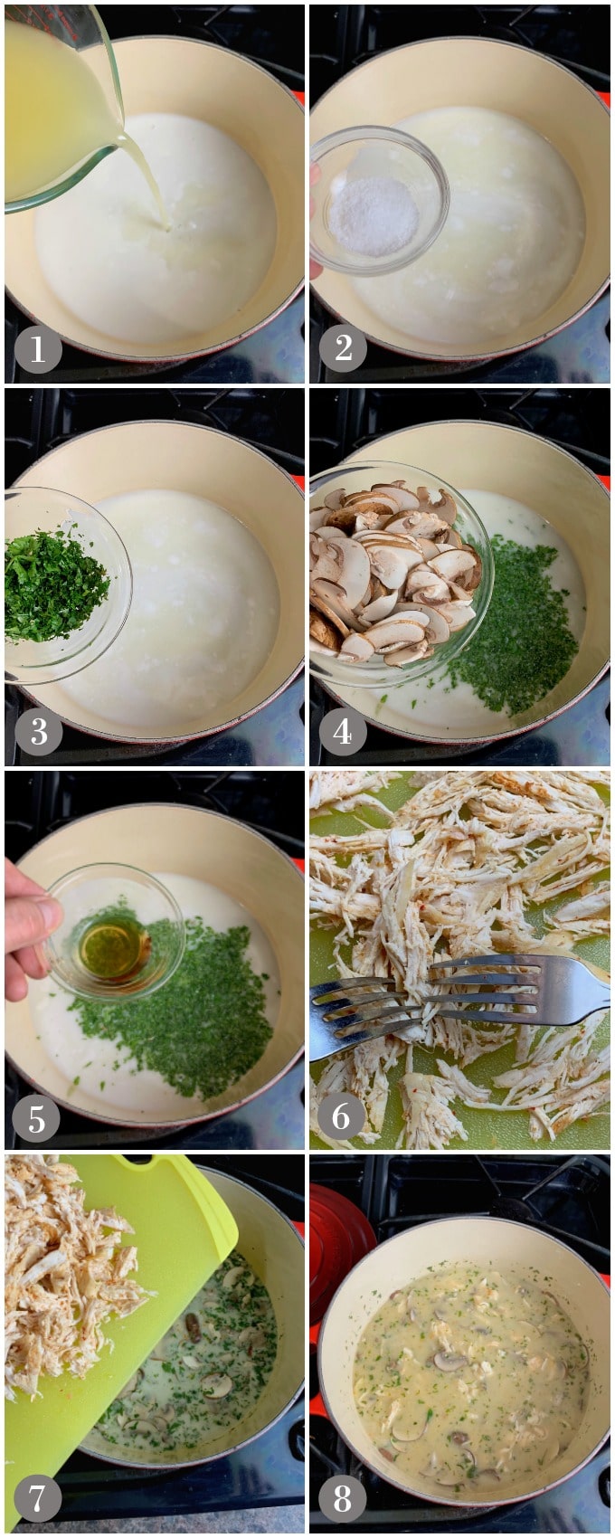 A collage of photos showing chicken broth and coconut milk to make Thai coconut soup.