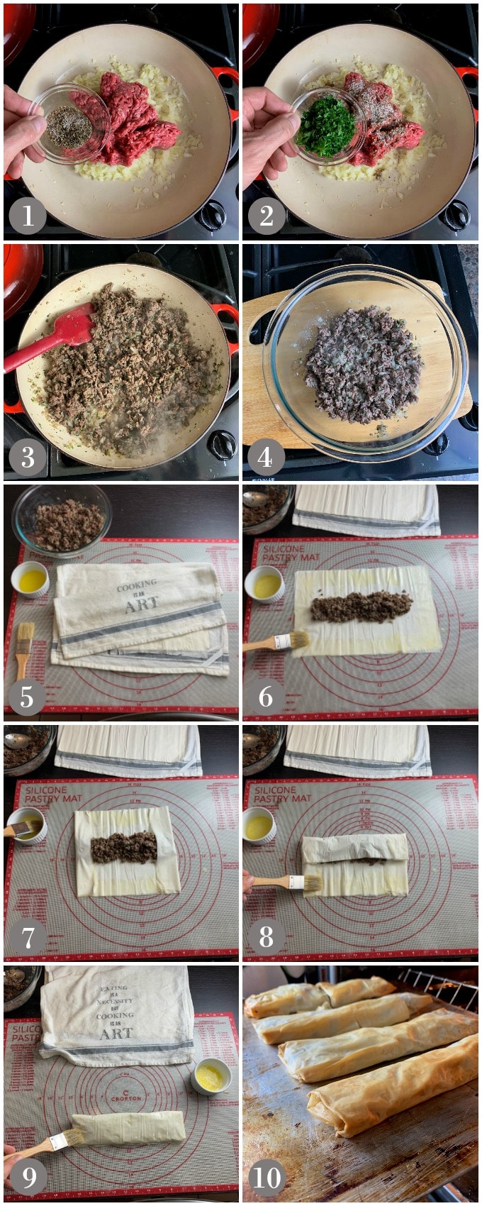 A collage of photos showing how to cook the beef filling and wrap in phyllo dough and bake.