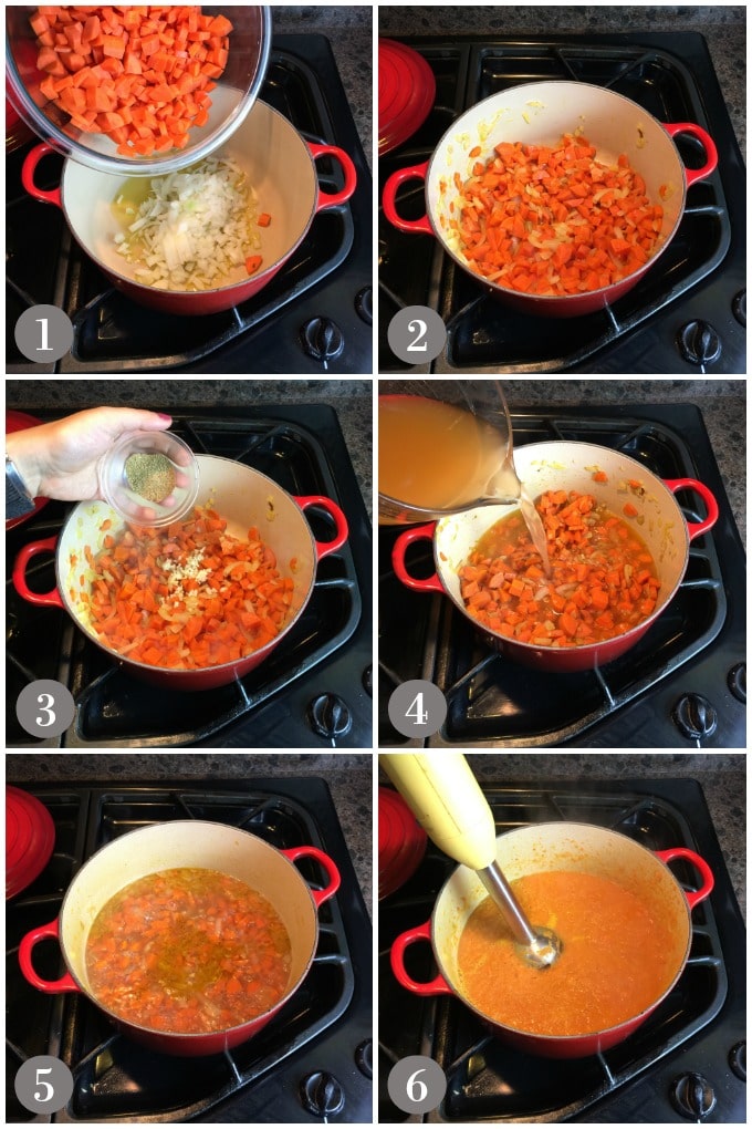 A collage of photos showing a red soup pot and the steps to make carrot coriander soup.