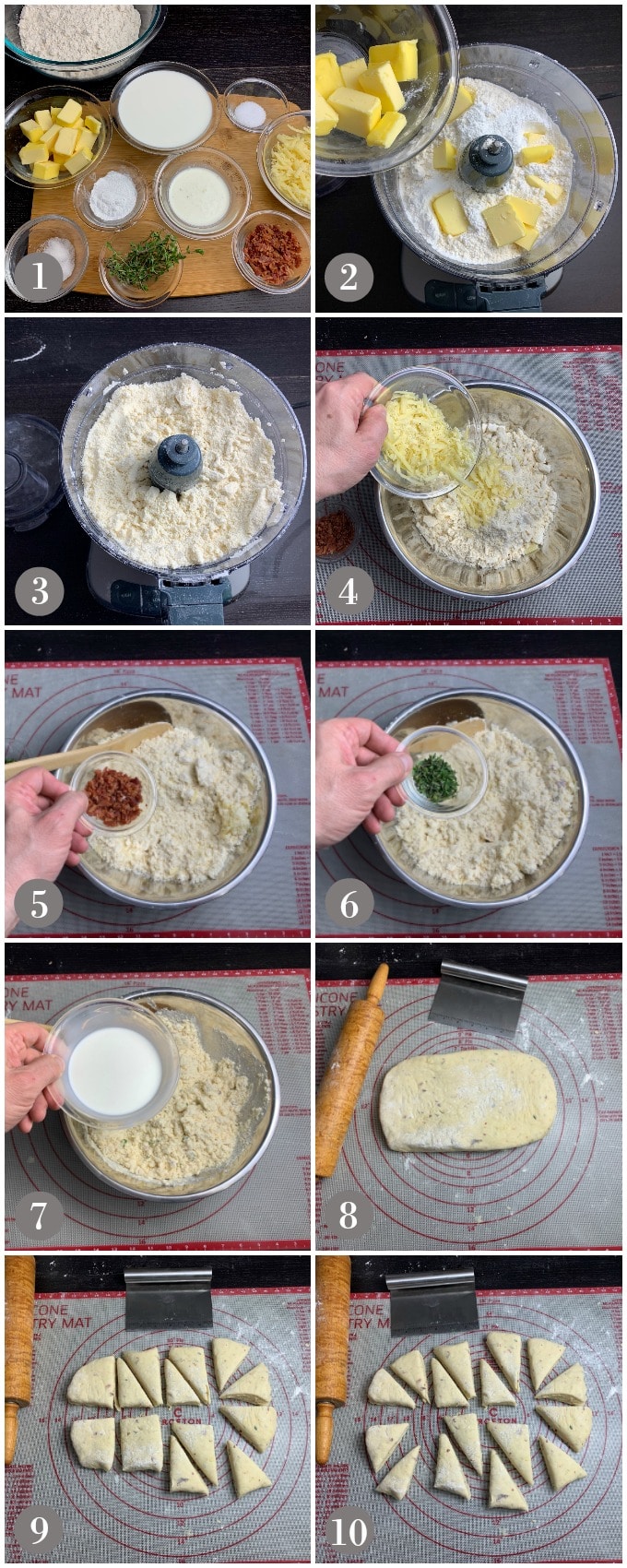 A collage of photos showing ingredients and steps to make bacon candied walnut scones 1-10.