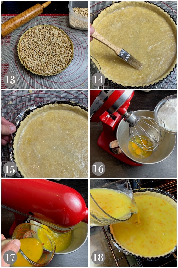 a collage showing how to make curd and fill a pie