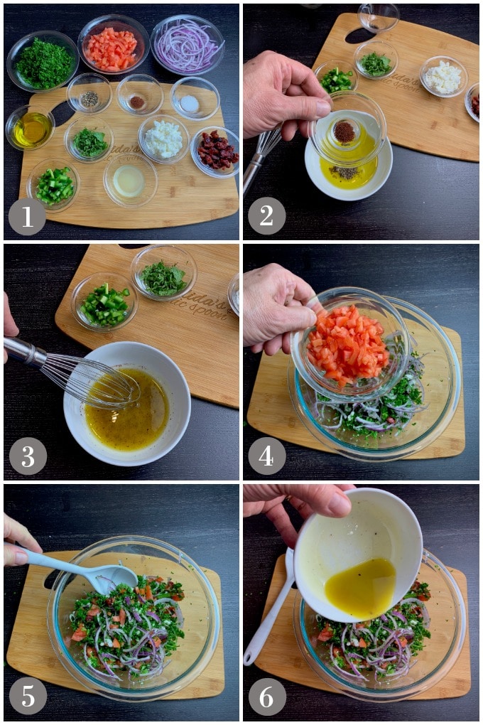 A collage of photos showing the ingredients and steps to make Mediterranean parsley salad in a clear glass bowl.