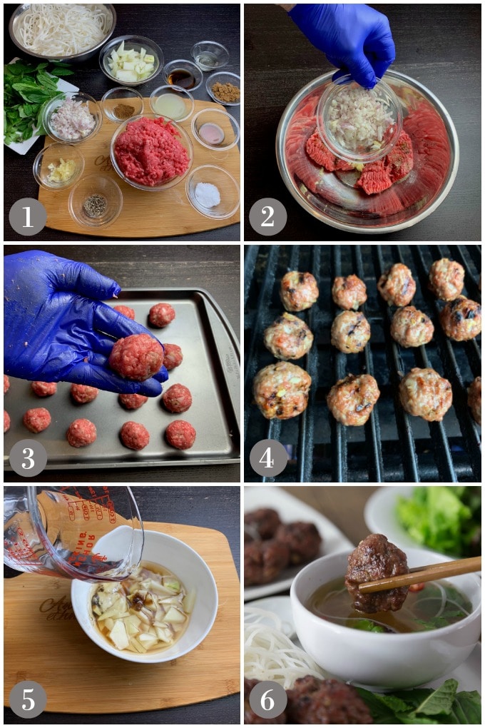 A collage of photos showing step to make the Vietnamese dish bun cha from ground pork and spices.
