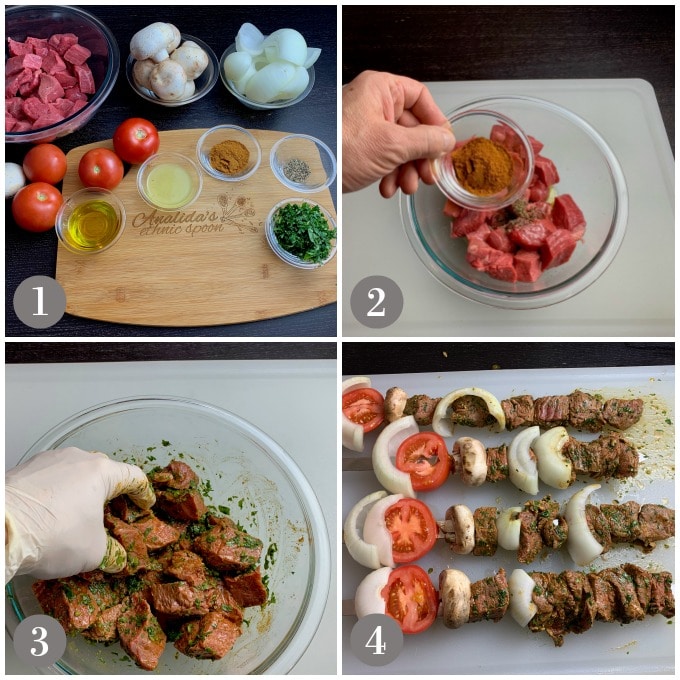 A collage of photos showing steps to make Moroccan beef kebabs with onion, tomato and mushrooms.