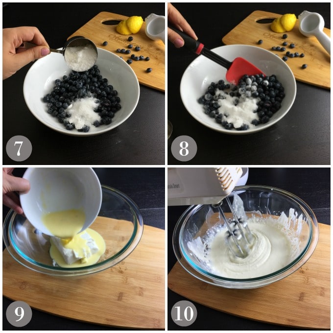 A collage of photos show the steps to make the filling for blueberry crostata.