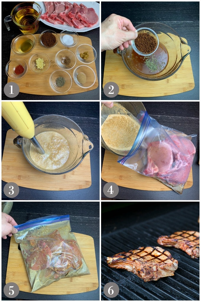 A collage of photos showing the ingredients to marinate coffee jerk pork chops in a zip bag.