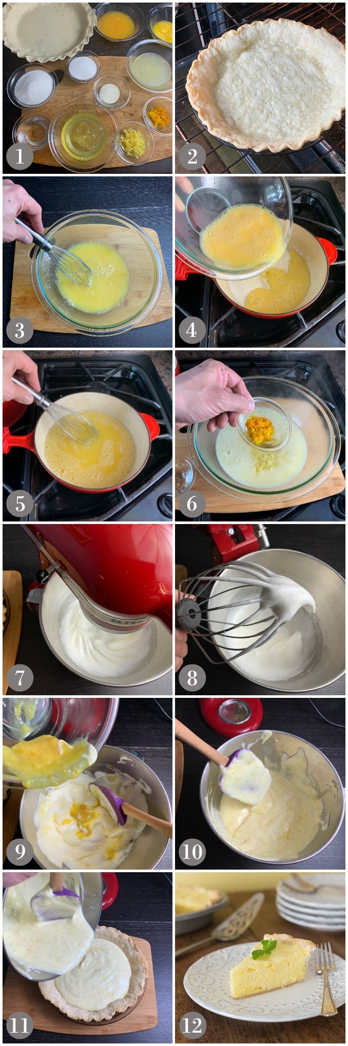 A collage of photos showing steps to make orange and lemon chiffon pie with a stand mixer.