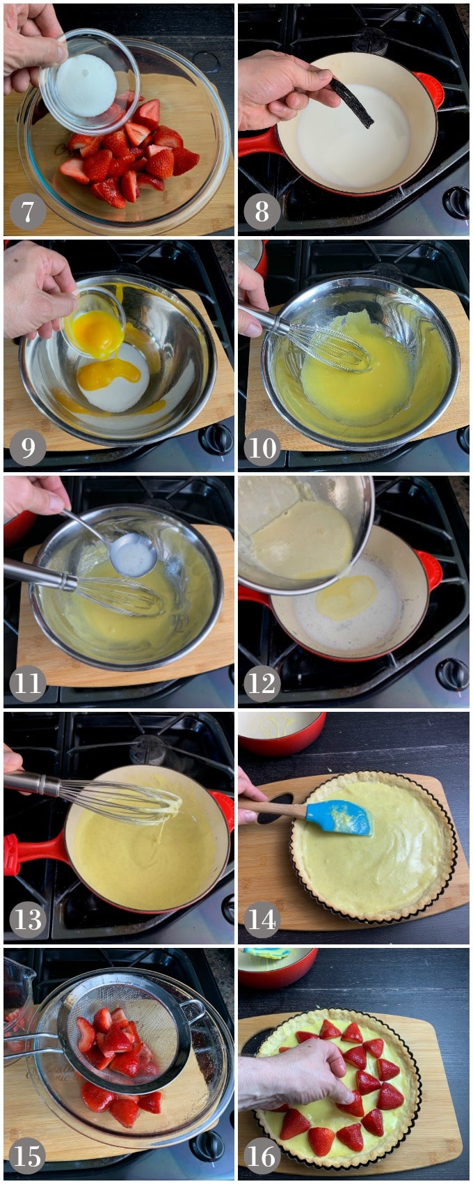 A collage of photos showing steps to make vanilla custard and filling it into a tart shell with strawberries on top.