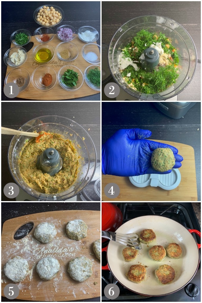 A collage of photos showing a food processor and ingredients to make Turkish chickpea burgers fried in a pan.