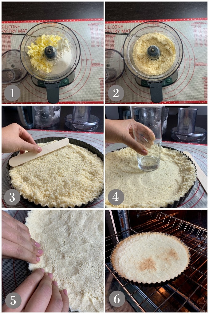 A collage of photos showing steps to make shortbread crust in a tart pan and baking.