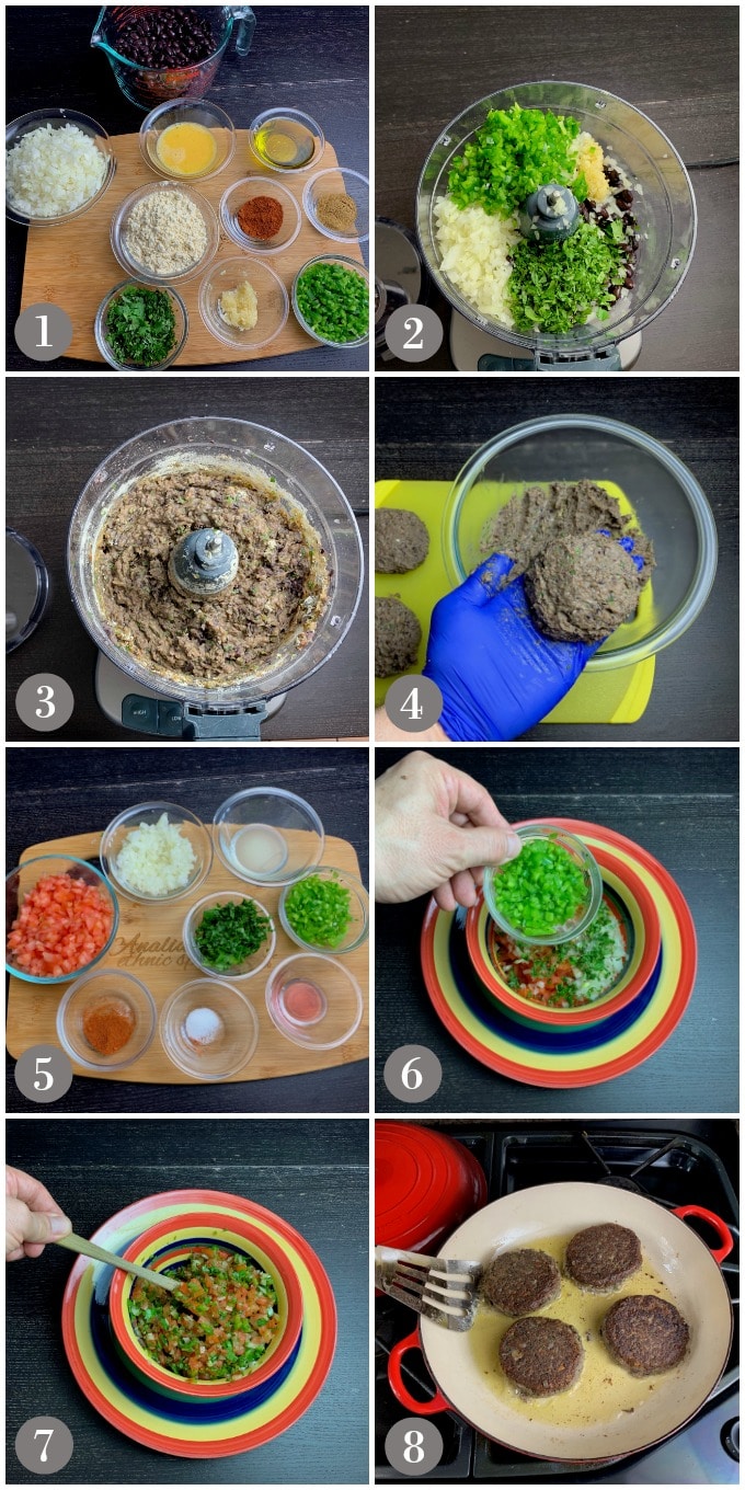 A collage of photos showing steps to make black bean burgers and pico de gallo as a topping.