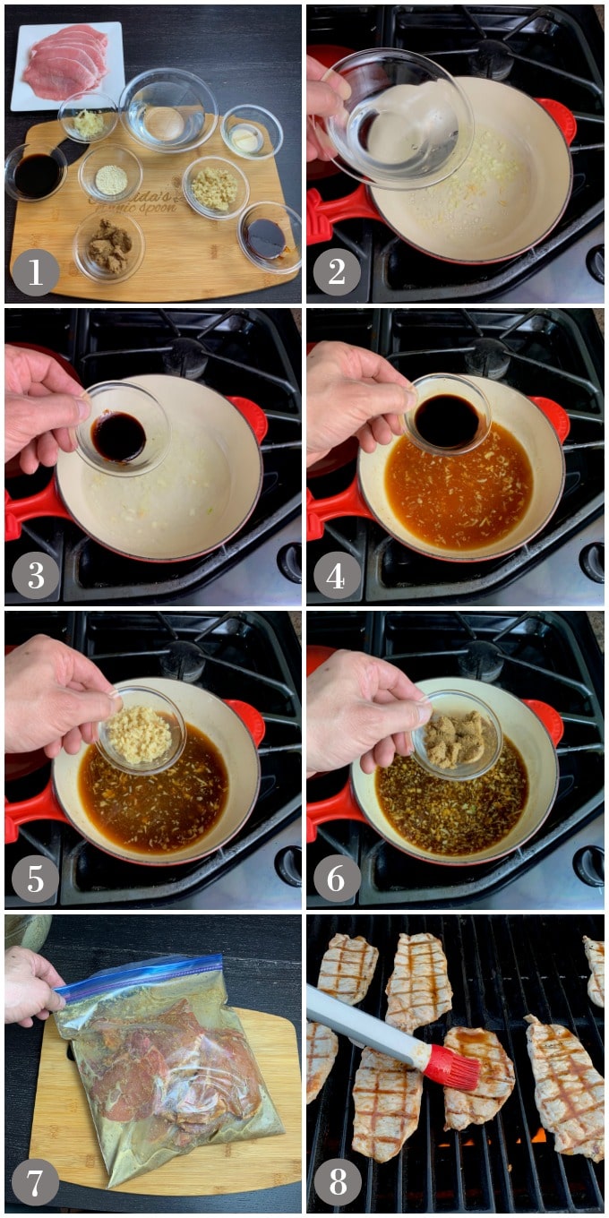 A collage of photos showing steps to make Korean BBQ sauce and marinating them grilling pork chops.