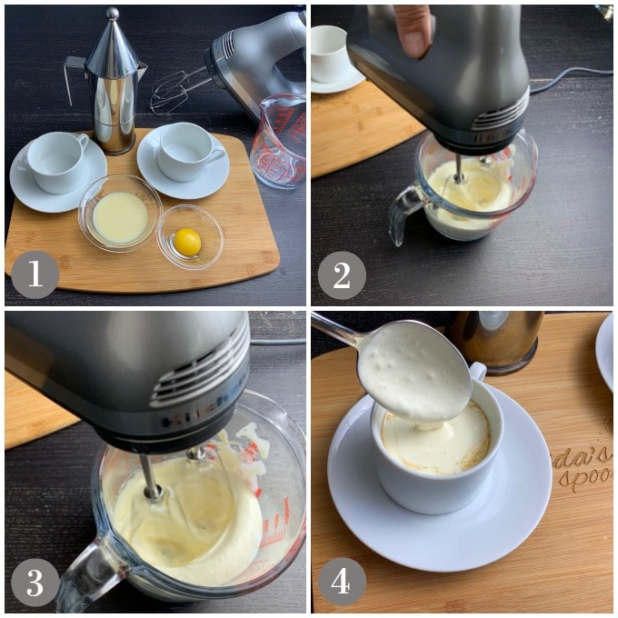 A collage of photos showing the steps to make Vietnamese egg coffee with sweetened condensed milk, egg yolk, espresso and whipping.