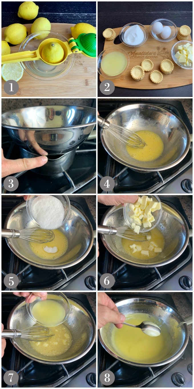 A collage of photos showing a lemon squeezer and steps to make lemon curd in a double boiler.