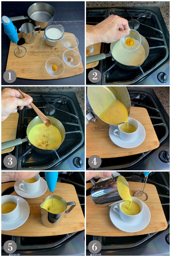 A collage of photos showing steps to make turmeric latte in a pan and topping with frothed milk.