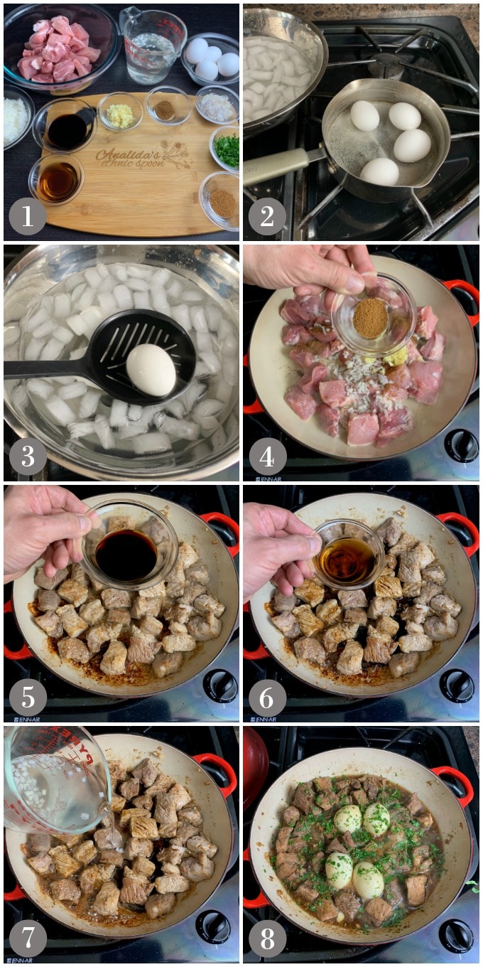 A collage of photos showing ingredients and the steps to make Vietnamese coconut pork on stove in a braising pan.