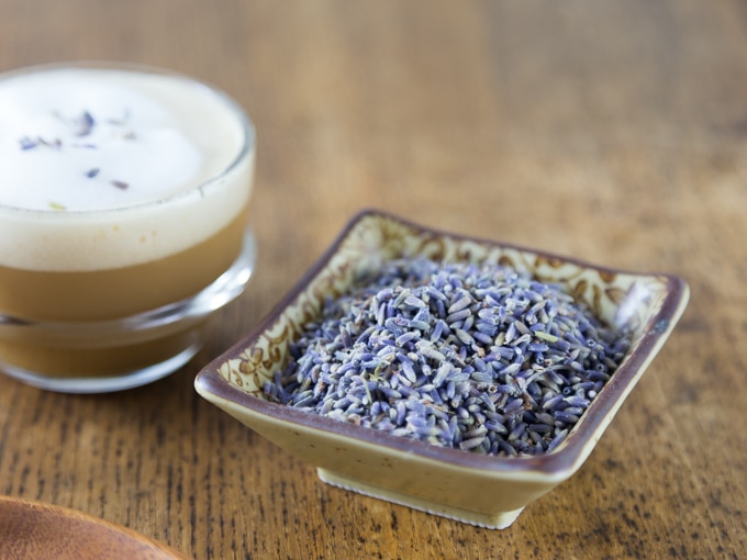 A photo of a dish containing food grade dried lavender flowers.