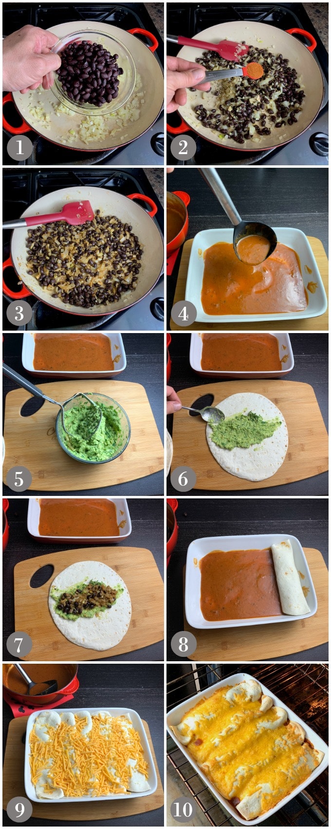 A collage of photos showing steps to make black bean enchiladas.