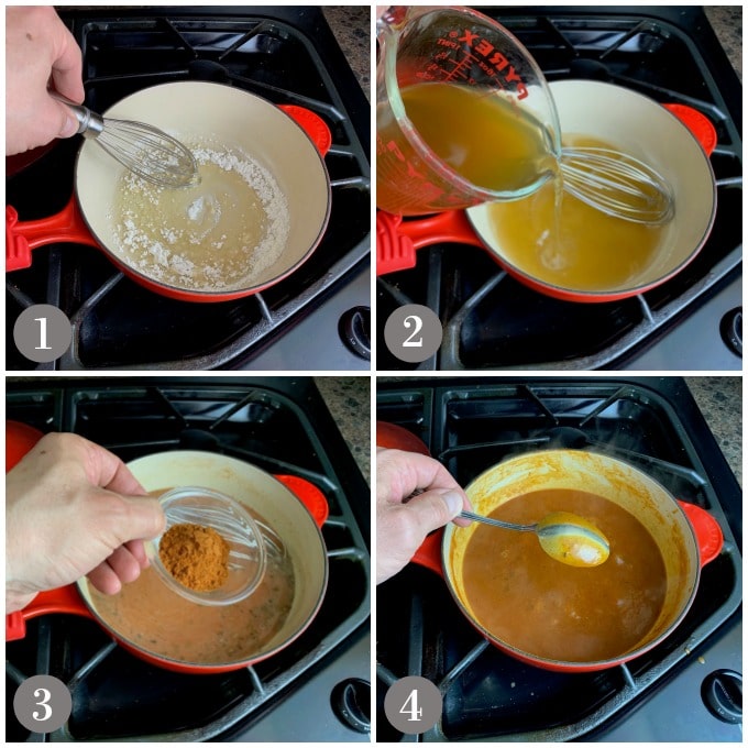 A collage of photos showing a pan with the ingredients and steps to make enchilada sauce.