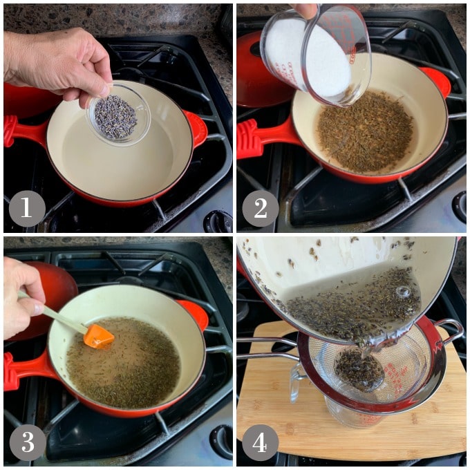 A collage of photos showing the steps to make lavender simple syrup in a pan on a stove. 