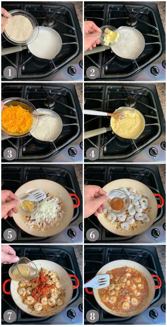 A collage of photos showing steps to make shrimp and grits in two pans on the stove.