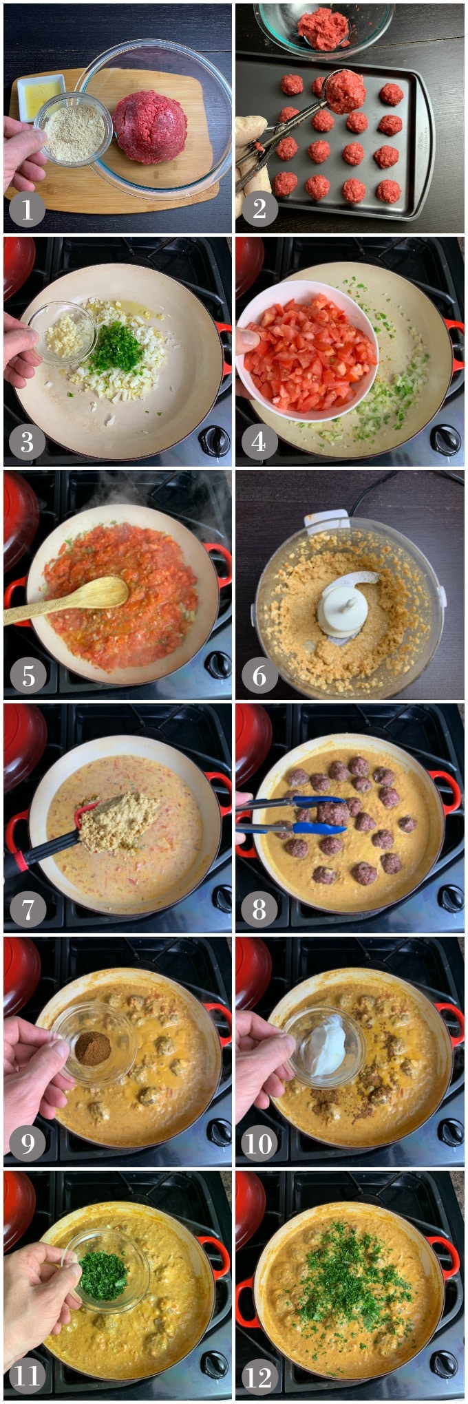 A collage of photos showing the steps to make lamb kofta kari in the oven and add to a pan with curry sauce.