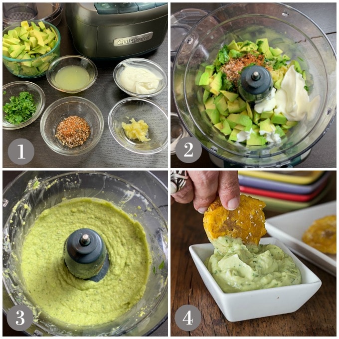 A collage of photos showing the ingredients to make avocado cream sauce made in a mini food processor to serve with tostones.