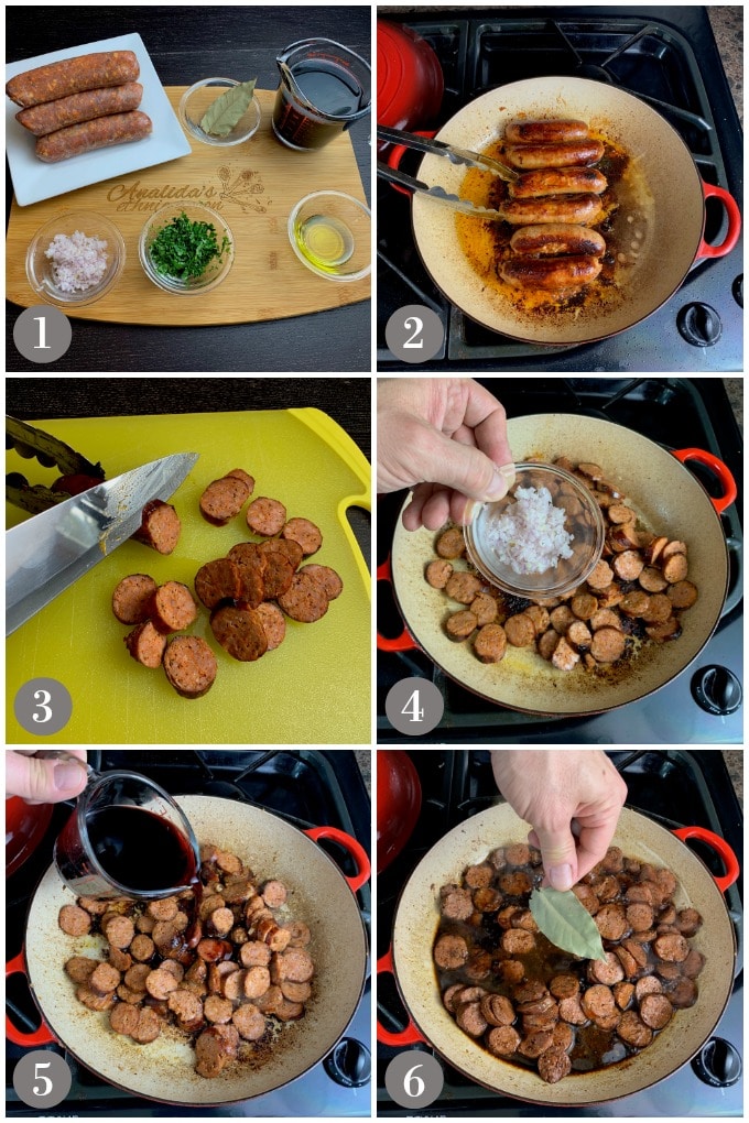 A collage of photos showing steps to make Spanish style chorizo in wine sauce in a skillet.