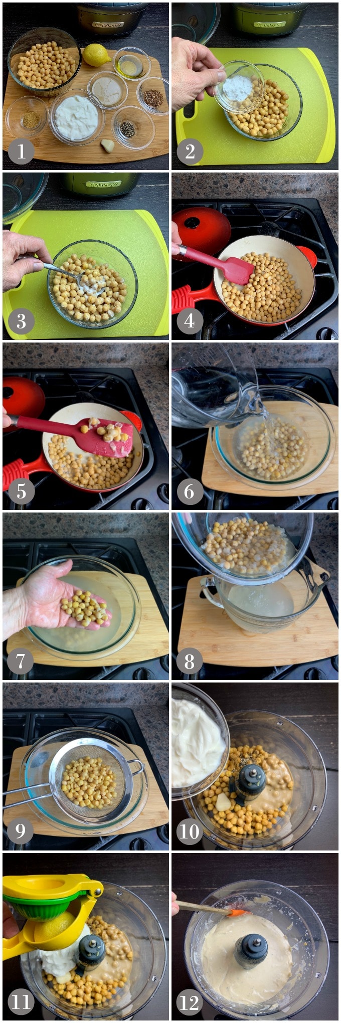 A collage of photos showing steps to make hummus in a food processor.