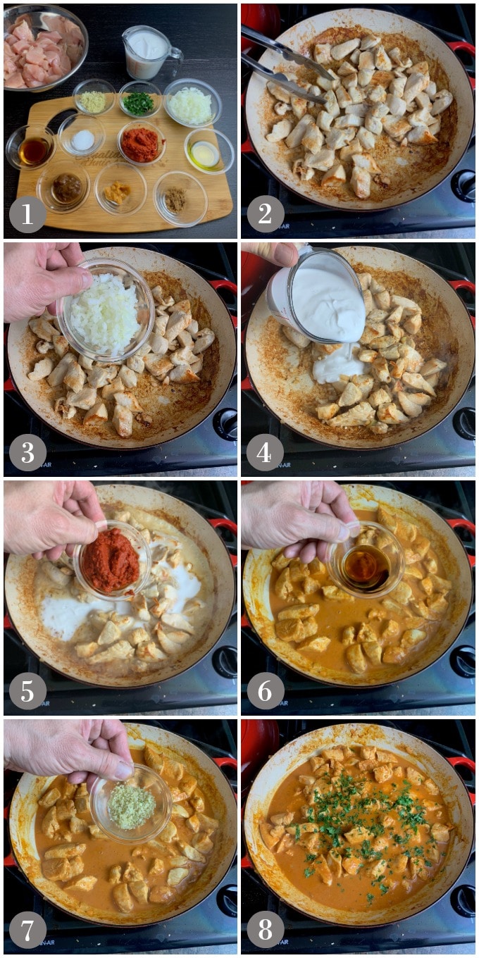 A collage of photos showing steps to make Thai red curry chicken in a pan on a stovetop.