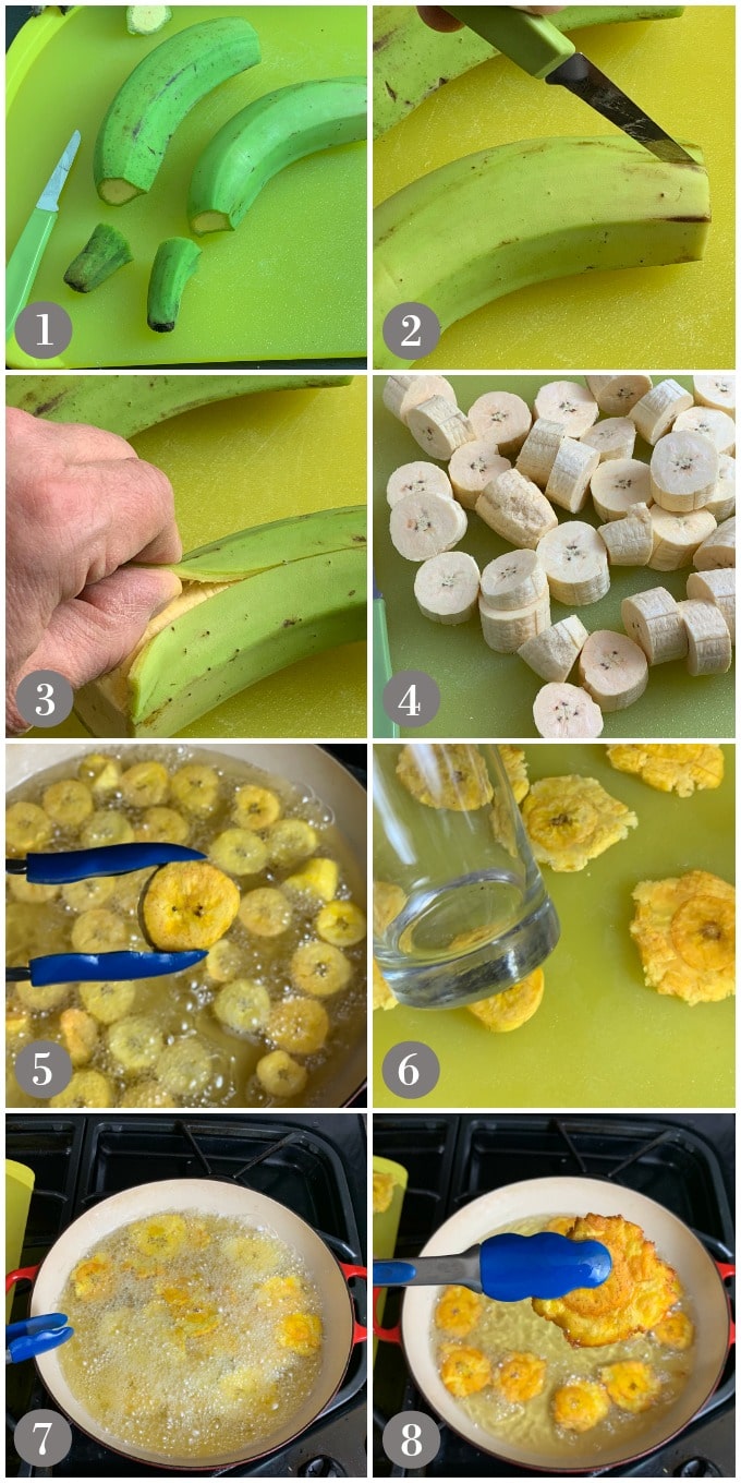 A collage of photos showing the steps to make tostones by peeling plantain and frying in a pan of oil.