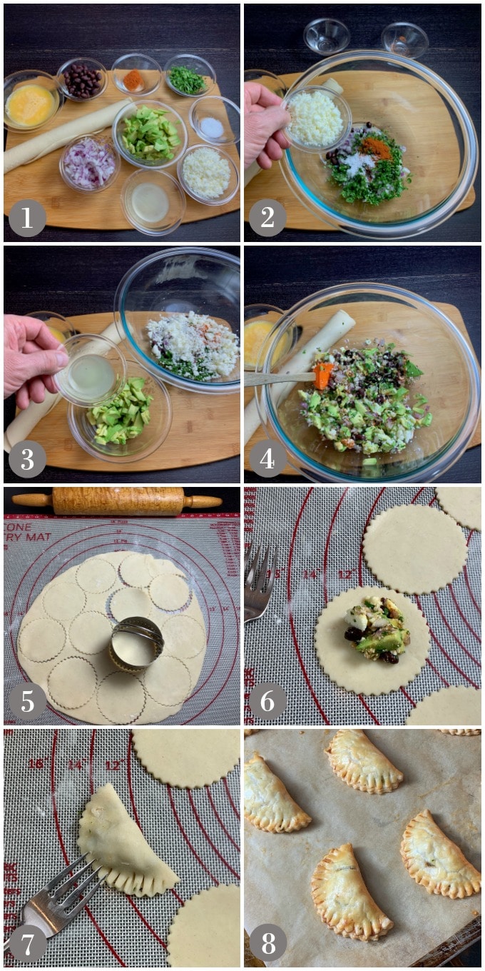A collage of photos showing the ingredients and steps to make avocado, black bean, queso fresco empanadas.