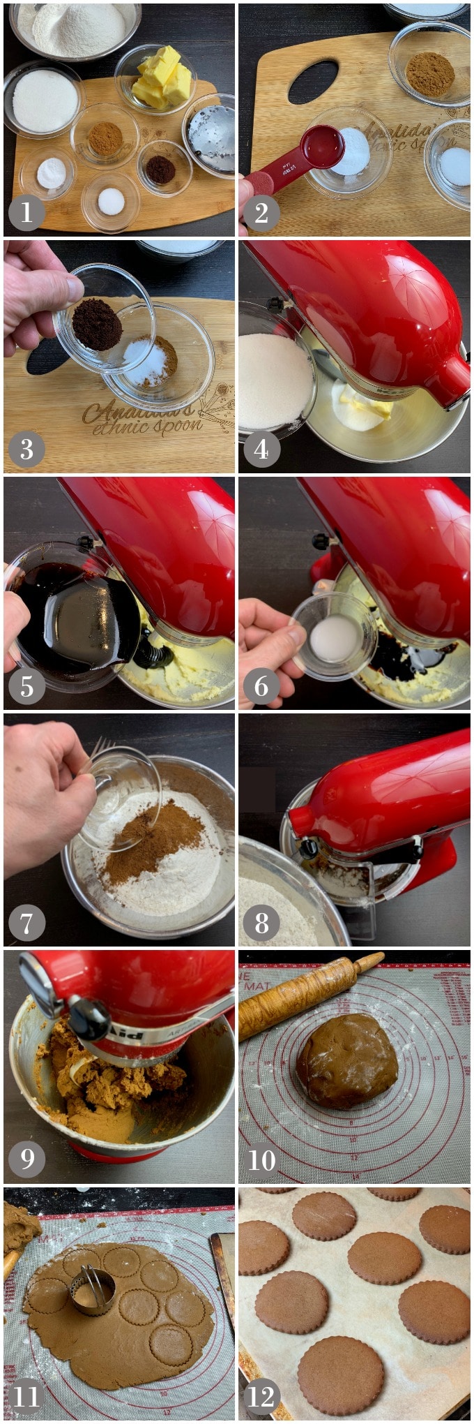 A collage of photos showing the ingredients and a stand mixer to make cinnamon snaps cookies.